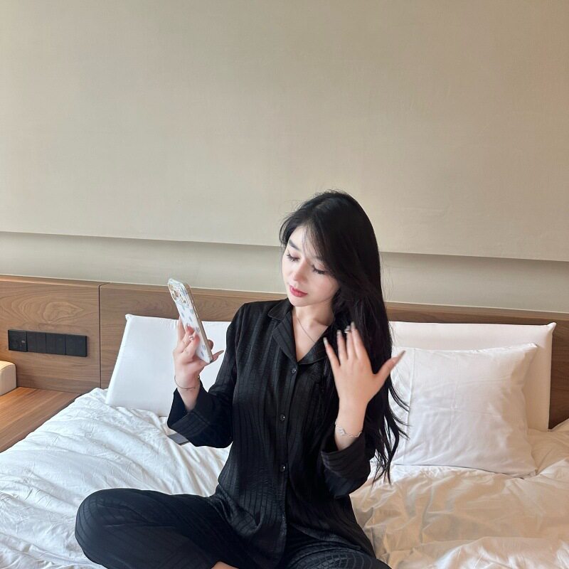 【暗条英文提花】情侣男女士条纹睡衣简约翻领长袖套装高级家居服