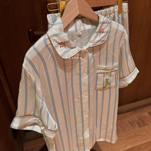 轻奢小王子棉绸刺绣春夏季睡衣女士条纹长袖长裤短袖短裤家居服