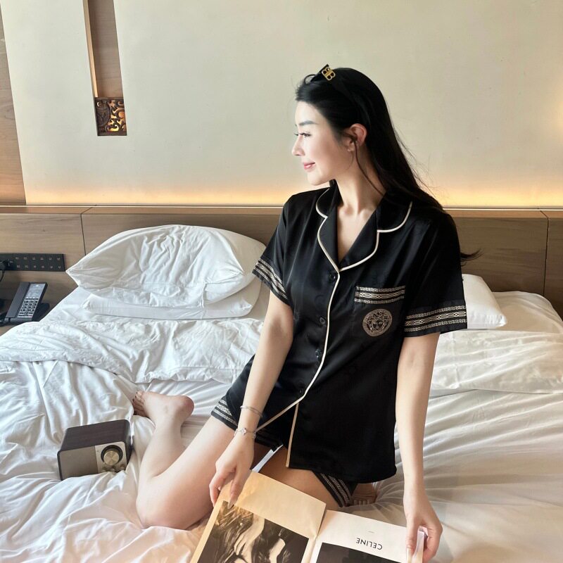 【雅黑徽章】家居服春秋季高级气质时尚冰丝男女士情侣睡衣套装