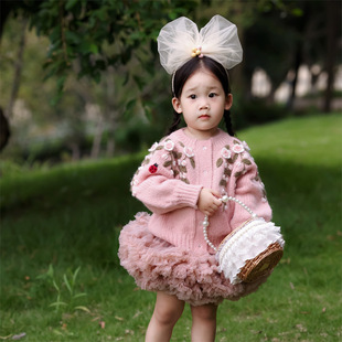 INS爆款2023秋冬女童重工立体刺绣花毛衣马海毛针织羊毛开衫外套