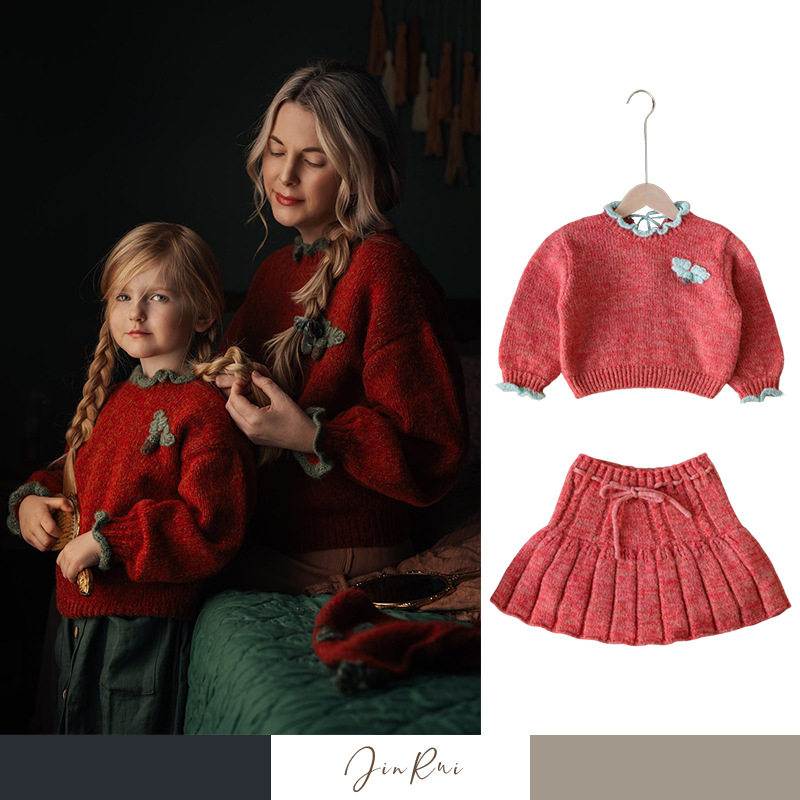 现货儿童套装俄罗斯桑椹毛衣裤裙羊毛混纺红色圣诞节新年女童衣服