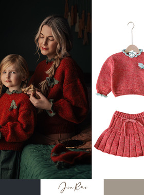 现货儿童套装俄罗斯桑椹毛衣裤裙羊毛混纺红色圣诞节新年女童衣服