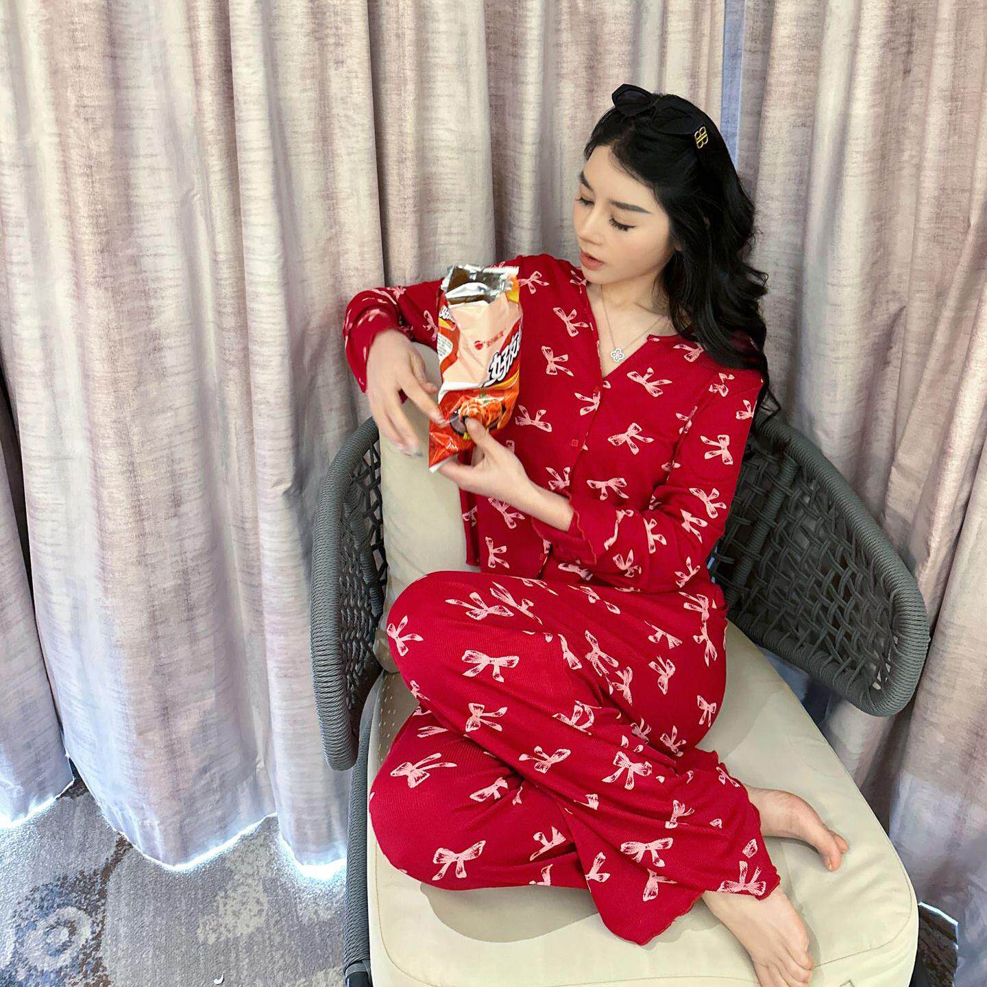 【少女财愿】2026春秋季新款轻奢睡衣红色蝴蝶结长袖家居服套装女