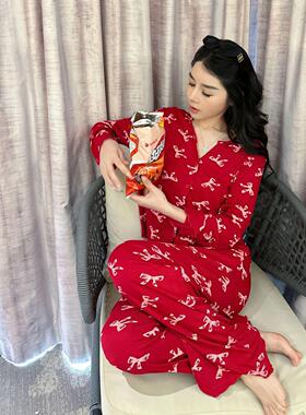 【少女财愿】2025春秋季新款轻奢睡衣红色蝴蝶结长袖家居服套装女