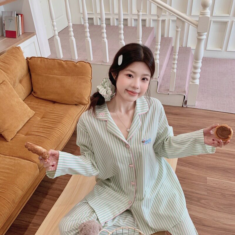 【蝶领条纹】春季新款棉质睡衣女甜美条纹可爱少女长袖家居服套装