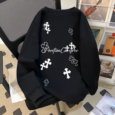 纯棉卫衣男重磅无帽创意百搭上衣圆领潮流慵懒风卫衣秋冬加绒加厚