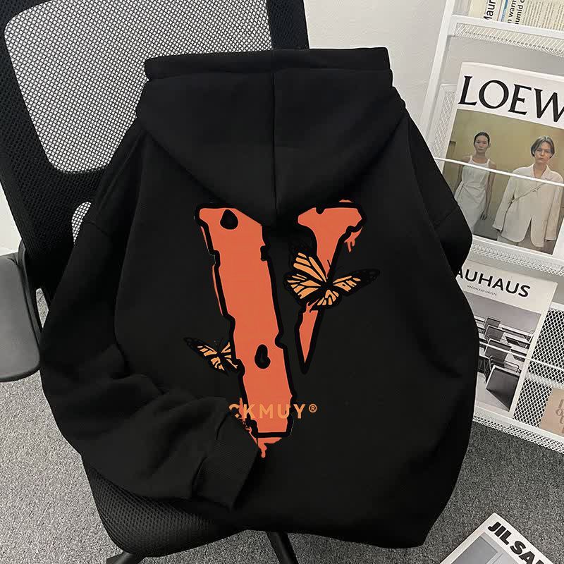 纯棉卫衣男重磅加绒加厚双层双蝶字母印花男帽连帽卫衣宽松秋冬季