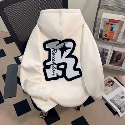 纯棉卫衣男重磅美式简约字母秋冬新款潮流高街印花加厚连帽卫衣男
