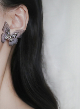 SUZEE原创设计 暗夜蝶 立体镂空蝴蝶耳环 灰紫色气质个性耳钉耳夹