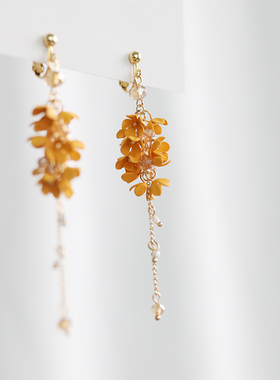 哑光黄色小碎花桂花水晶流苏耳环无耳洞耳夹 原创可爱日系ins韩国