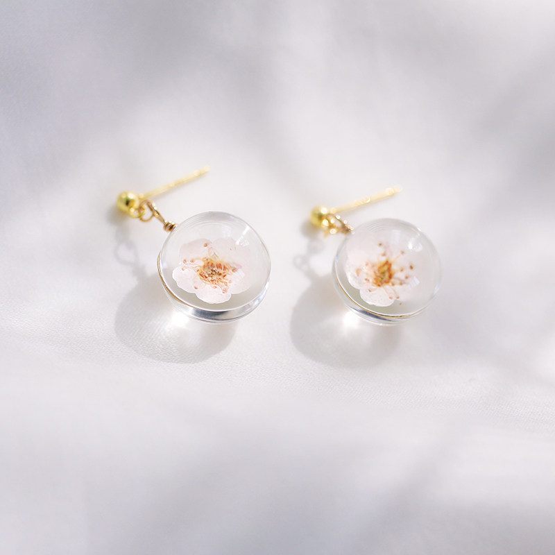 樱花水晶 干花珍珠树枝水晶球玻璃珠925耳钉耳环 小巧小清新耳夹