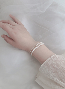 少见超小天然巴洛克不规则珍珠手链 可调节碎银子叠戴925纯银手环