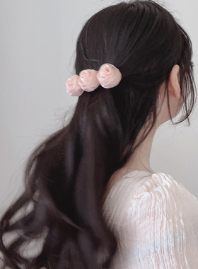 SUZEE 温柔粉色玫瑰花弹簧发夹 米色纱花朵发卡 千金甜妹刘海夹子