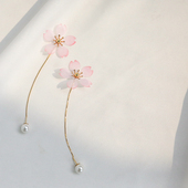 仙气仙女修脸型 透明薄纱樱花珍珠长款 耳线耳环 925纯银耳饰