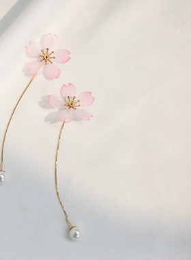 透明薄纱樱花珍珠长款耳线耳环 仙气仙女修脸型 925纯银耳饰