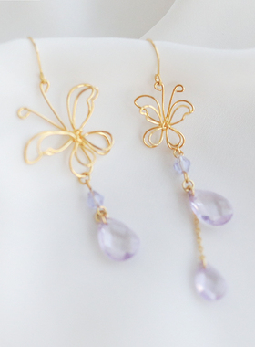 不对称手工绕线镂空蝴蝶紫色水滴水晶耳环 仙女梦幻小众耳坠耳夹