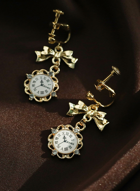 魔法时钟 蝴蝶结钟表耳环耳坠 无耳洞耳夹 小巧可爱梦幻小众特别