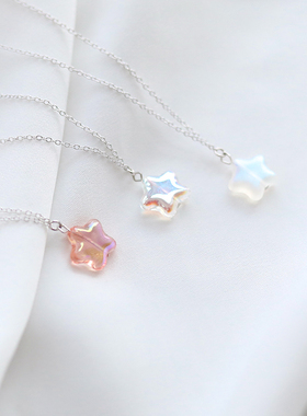 劳拉的星星 偏光透明磨砂琉璃珠项链 925纯银五角星敲可爱锁骨链
