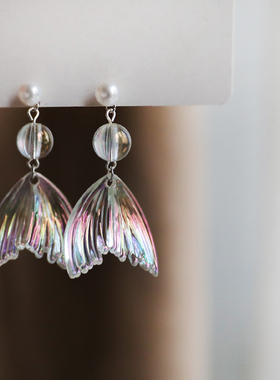 SUZEE原创 人鱼姬 幻彩透明珠淡水珍珠人鱼尾耳饰925银针耳环耳夹