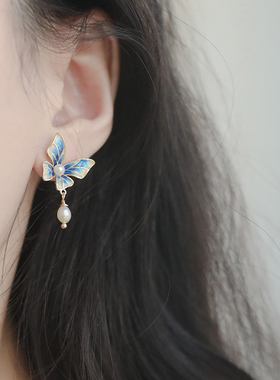 景泰蓝色渐变蝴蝶天然珍珠耳钉 小巧精致好质感耳环 日常仙气耳饰