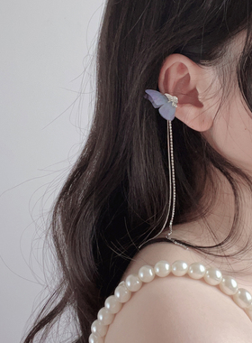 浅蓝色蝴蝶耳骨夹 灵气流苏气质个性长款蝴蝶耳饰 精灵耳环显脸瘦