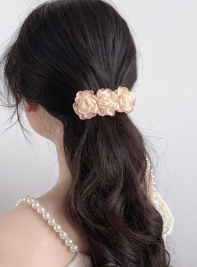 SUZEE原创 浪漫法式渐变粉褶皱山茶花发夹 温柔少女花朵弹簧夹仙
