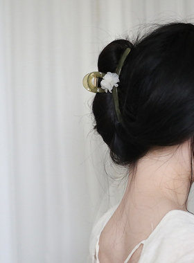 山茶花军绿色发夹 气质高雅温柔甜美小姐姐后脑勺抓夹发饰头饰