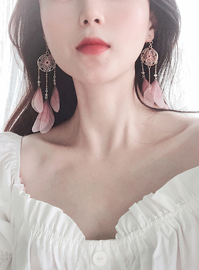 捕梦网造型梦幻耳坠 粉色蝴蝶翅膀流苏长耳环 仙气度假无耳洞耳夹