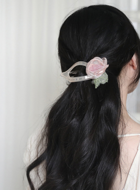 SUZEE原创 芙蓉浣纱 仙气甜美渐变粉立体玫瑰花横夹 气质发抓发饰