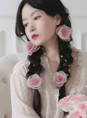 SUZEE原创设计 芙蓉浣纱 渐变粉色玫瑰芍药花发夹发饰鸭嘴夹头饰