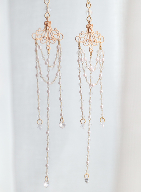 SUZEE原创设计 珍珠水晶链华丽宫廷复古风耳环 长流苏修脸型耳坠