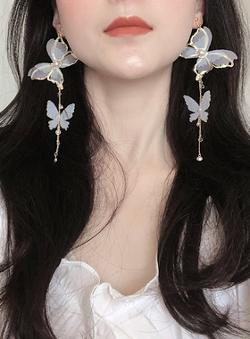 仙气白色蕾丝纱蝴蝶长耳环 仙女夸张精灵系写真显脸小轻婚纱耳夹