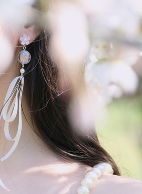 原创设计 樱花风铃真丝丝带流苏长耳环 小众个性仙气耳夹