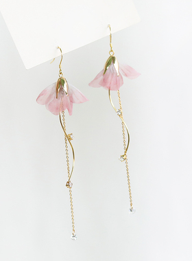 芭蕾舞曲 粉色蔷薇花耳坠 樱花耳环 长款S形曲线修脸型耳夹仙气