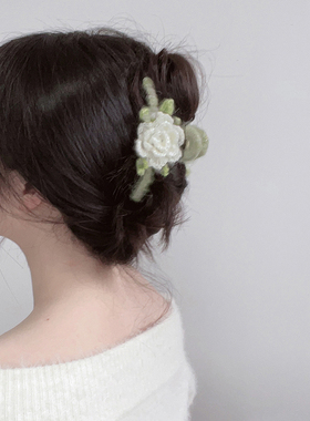 SUZEE原创设计 淡雅清新绿毛线花抓夹 白玫瑰栀子花文艺鲨鱼夹