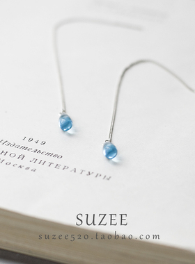蔚蓝的海 手作原创925纯银水滴进口琉璃耳线耳坠耳环多用多色