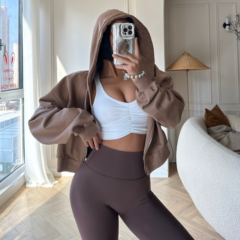 REYNA FITNESS SWEATSHIRT SOLID COLOR ZIPPER LOOSE SHORT YOGA JACKET SLIM ATHLETIC LONG SLEEVE JACKET SMOCK WOMEN