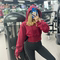 REYNA INTERNET CELEBRITY LOOSE HOODED PULLOVER SWEATSHIRT SOLID COLOR CINCHED WAIST SLIM HIGH-WAISTED CROP TOP ATHLEISURE JACKET WOMEN