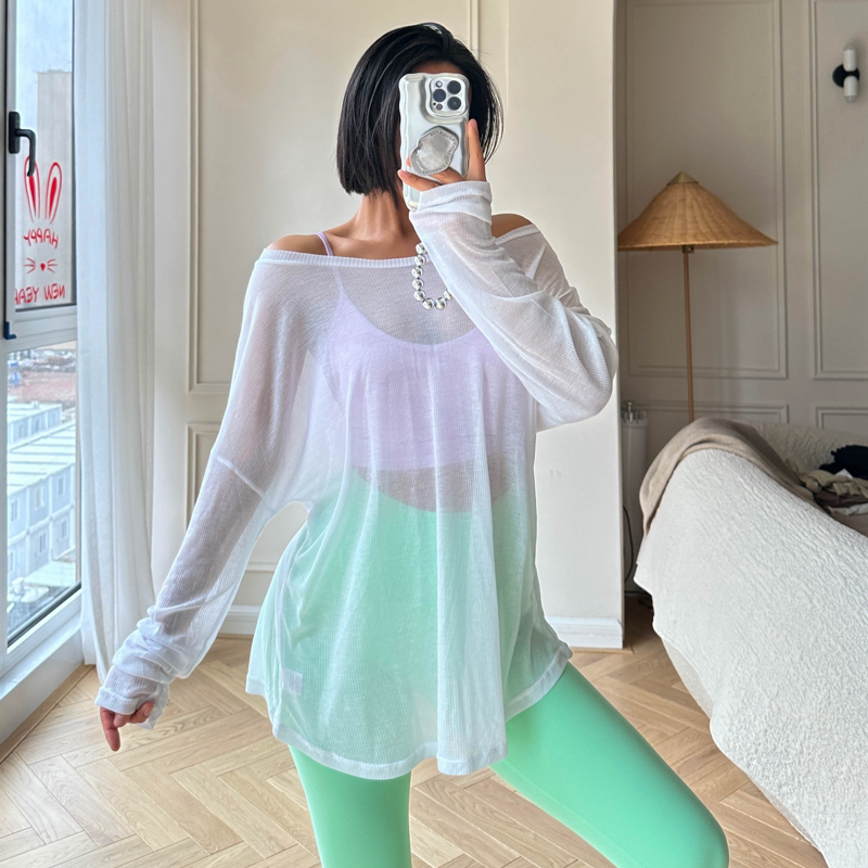 REYNA FITNESS SMOCK LOOSE LONG BREATHABLE THIN YOGA WEAR CAN BE WORN OUTSIDE FOR RUNNING QUICK-DRYING SUNSCREEN LONG-SLEEVED WOMEN