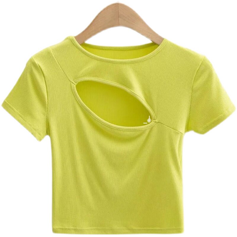 REYNA SPORTS SHORT SLEEVE WOMENS CHEST CUTOUT SEXY SLIM SOLID COLOR CROP TOP YOGA RUNNING TRAINING FITNESS T-SHIRT