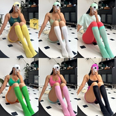 Reyna健身袜 竖条纹袜彩色纯色中高筒袜堆堆袜女 不透肉薄款