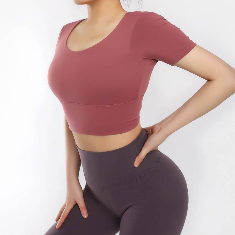 REYNA NET RED CROP TOP EXERCISE SHORT SLEEVE CHEST PAD BEAUTIFUL BACK SLIM BREATHABLE QUICK-DRYING SHORT RUNNING YOGA FITNESS T