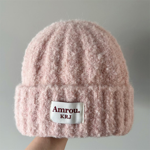 韩版针织帽子女秋冬加厚保暖包头冷帽显脸小贴布百搭护耳毛线帽潮
