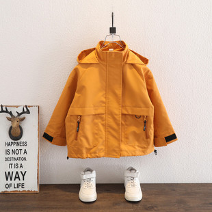 儿童春季户外连帽冲锋衣男童防风拉链夹克中童纯色风衣运动外套潮