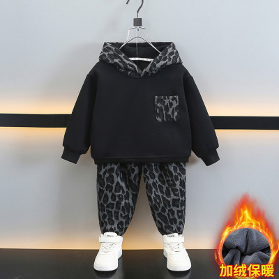 男童秋冬加绒加厚豹纹卫衣套装中大童连帽一体绒上衣运动裤两件套