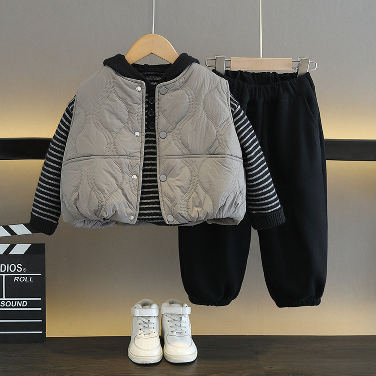 男童秋冬夹棉马甲加绒卫衣卫裤套装中大童保暧条纹上衣运动三件套