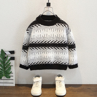 男童黑白撞色毛衣秋冬装针织衫中大童冬季半高领提花打底毛线衫潮