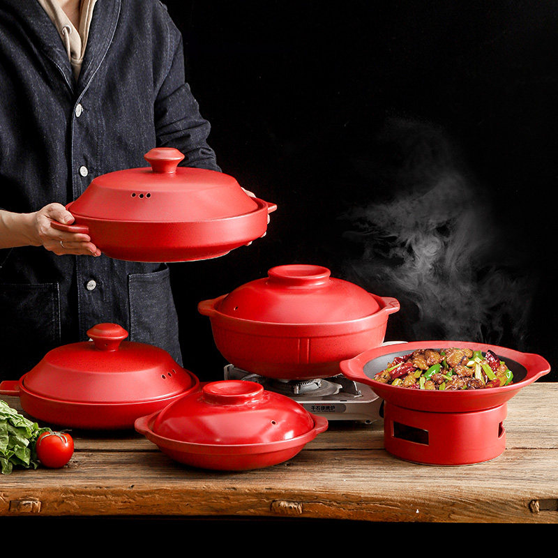 日式双耳陶瓷耐热红色高级感砂锅煲烧鱼头甲鱼大砂锅创意酒店餐具