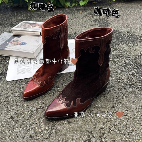 高端秋冬新款复古西部牛仔靴女中筒尖头短靴真皮马丁靴女靴子百搭