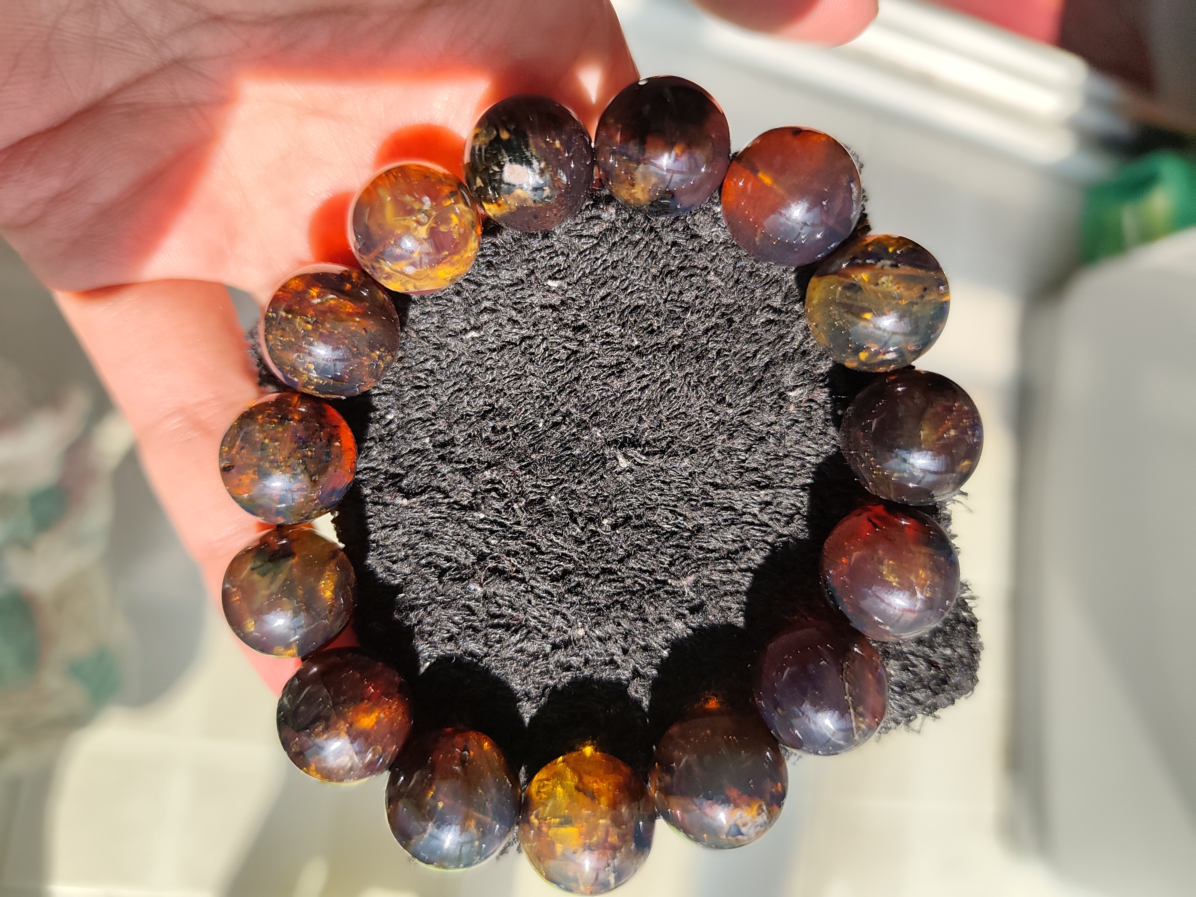 天然琥珀蜜蜡缅甸琥珀海藻珀药珀矿珀15mm手串阳光下变兰多彩特价